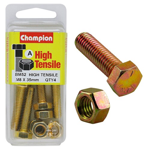 Champion Fasteners Pack Of 4 M8 X 35Mm High Tensile Grade 8.8 Zinc Plated Hex Set Screws And Nuts 4PK 30MM BM52