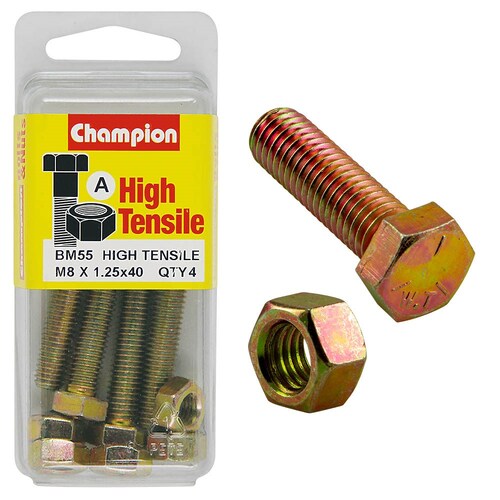 Champion Fasteners Pack Of 4 M8 X 40Mm High Tensile Grade 8.8 Zinc Plated Hex Set Screws And Nuts 4PK 35MM BM55