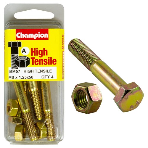 Champion Fasteners Pack Of 4 M8 X 50Mm High Tensile Grade 8.8 Zinc Plated Hex Bolts And Nuts 4PK BM57