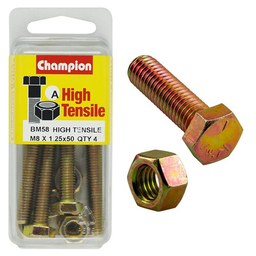 Champion Fasteners Pack Of 4 M8 X 50Mm High Tensile Grade 8.8 Zinc Plated Hex Set Screws And Nuts 3PK BM58