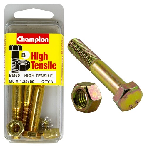Champion Fasteners Pack Of 3 M8 X 60Mm High Tensile Grade 8.8 Zinc Plated Hex Bolts And Nuts 3PK 65MM BM60