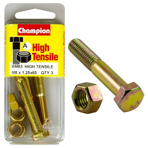 Champion Fasteners Pack Of 3 M8 X 65Mm High Tensile Grade 8.8 Zinc Plated Hex Bolts And Nuts 3PK 75MM BM63