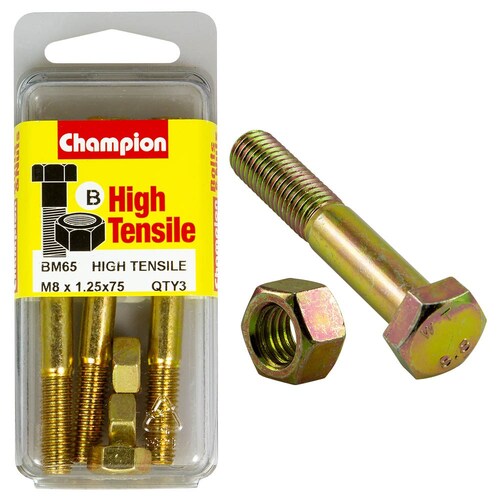 Champion Fasteners Pack Of 3 M8 X 75Mm High Tensile Grade 8.8 Zinc Plated Hex Bolts And Nuts 2PK BM65