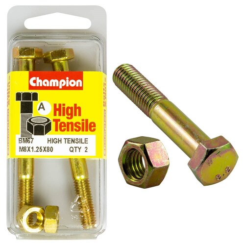 Champion Fasteners Pack Of 2 M8 X 80Mm High Tensile Zinc Plated Hex Bolts And Nuts 2PK BM67