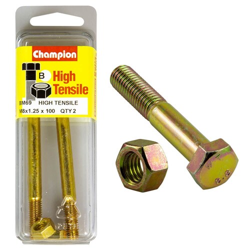 Champion Fasteners Pack Of 2 M8 X 100Mm High Tensile Grade 8.8 Zinc Plated Hex Bolts And Nuts 2PK BM69
