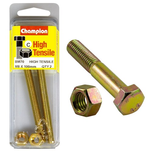 Champion Fasteners Pack Of 2 M8 X 100Mm High Tensile Grade 8.8 Zinc Plated Hex Set Screws And Nuts 2PK BM70