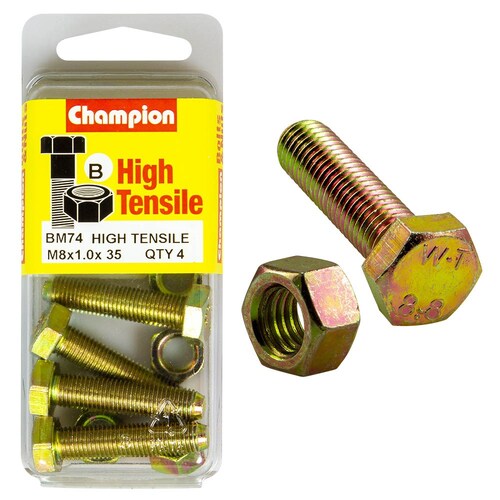 Champion Fasteners Pack Of 4 High Tensile Grade 8.8 Zinc Plated Hex Set Screws And Nuts 4PK M8 X 35 X 1.00MM BM74