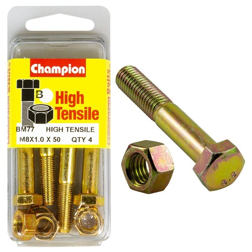 Champion Fasteners Pack Of 4 M8 X 50 X 1.00Mm High Tensile Grade 8.8 Zinc Plated Hex Bolts And Nuts 4PK BM77