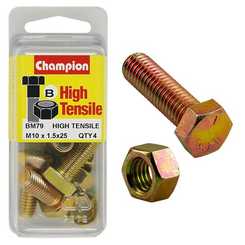 Champion Fasteners Pack Of 4 High Tensile Grade 8.8 Zinc Plated Hex Set Screws And Nuts - M10 X 25MM BM79