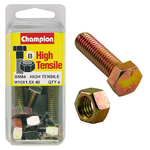 Champion Fasteners Pack Of 4 High Tensile Zinc Plated Hex Set Screws And Nuts - M10 X 40MM BM84