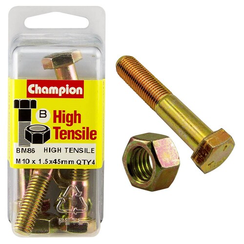Champion Fasteners Pack Of 4 M10 X 45Mm High Tensile Grade 8.8 Zinc Plated Hex Bolts And Nuts 4PK BM86
