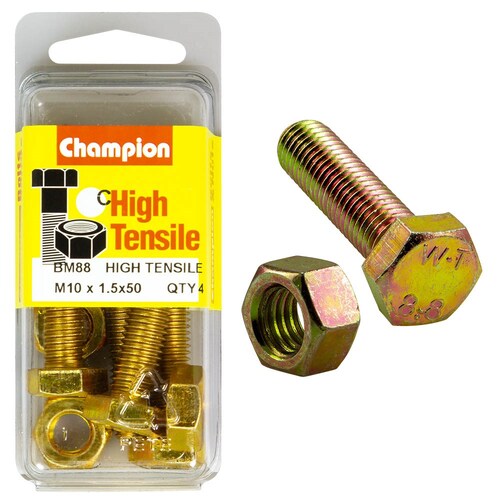 Champion Fasteners Pack Of 4 High Tensile Grade 8.8 Zinc Plated Hex Set Screws And Nuts - M10 X 50MM BM88