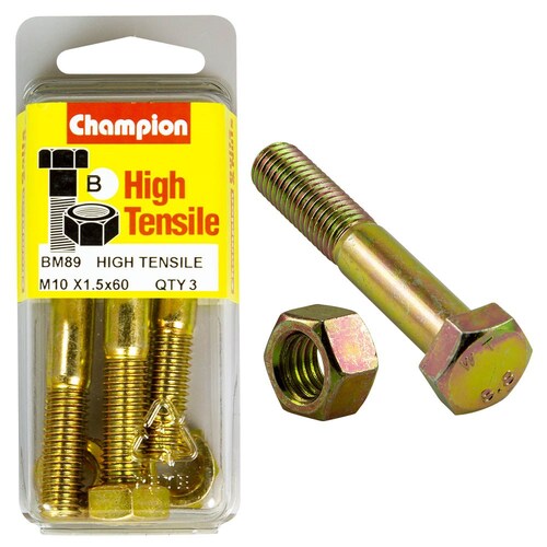 Champion Fasteners Pack Of 3 High Tensile Zinc Plated Hex Bolts And Nuts - M10 X 60MM BM89
