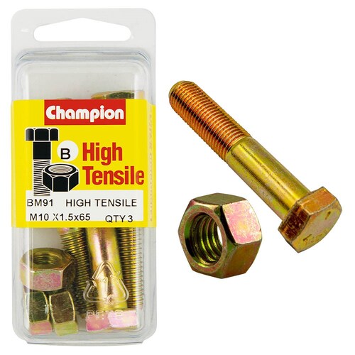 Champion Fasteners Pack Of 3 High Tensile Grade 8.8 Zinc Plated Hex Bolts And Nuts - M10 X 65MM BM91