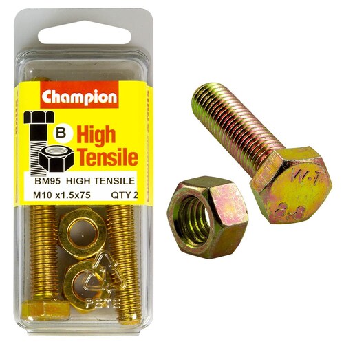 Champion Fasteners Pack Of 2 High Tensile Grade 8.8 Zinc Plated Hex Set Screws And Nuts - M10 X 75MM BM95