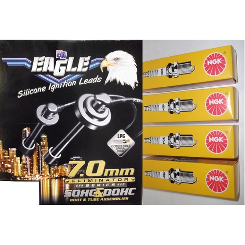  Eagle 7mm Ignition Leads & 4 NGK Standard Spark Plugs E74207 BKR6E-11   suits Daihatsu Applause A101 HDE & Charade G100 G102 & Ferosa F300 F310