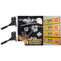 Eagle 7mm Ignition Leads, 4 Ngk Iridium Plugs & 2 Denso Coils E74654-SILFR6A11-C
