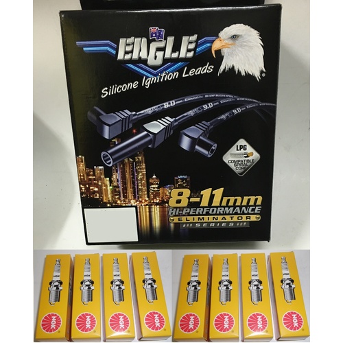  Eagle 8mm Ignition Leads with Heat Shields & NGK Platinum Spark Plugs E88591-2 PZTR5A-15   suits Chev Holden V8 5.7L Gen 3 LS1 engine
