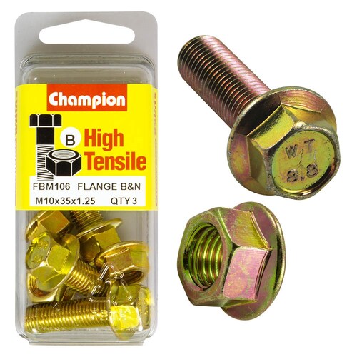 Champion Fasteners Pack Of 3 High Tensile Zinc Plated Hex Flange Bolts And Nuts - M10 X 35 X 1.25Mm 3PK FBM106