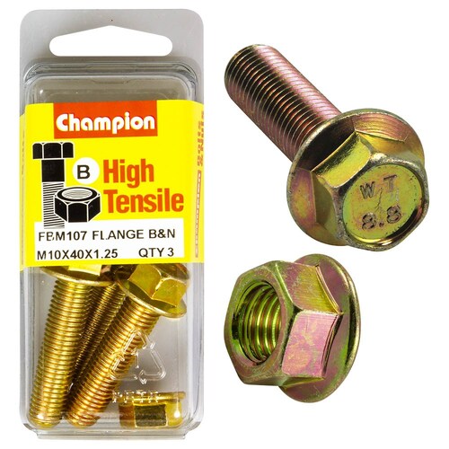 Champion Fasteners Pack Of 3 High Tensile Zinc Plated Hex Flange Bolts And Nuts - M10 X 40 X 1.25Mm 3PK FBM107