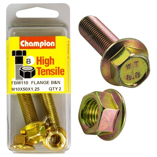 Champion Fasteners Pack Of 2 M10 X 50 X 1.25Mm High Tensile Zinc Plated Hex Flange Bolts And Nuts 2PK FBM110
