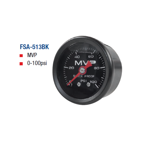 MVP Fuel Pressure Gauge 0-100psi Liquid Filled FSA-513BK