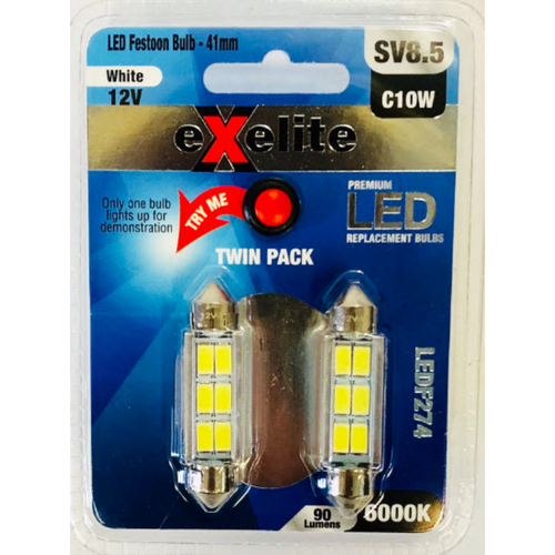 Exelite Led Globes (2Pc) Festoon 12V 10W Sv8.5 T11 6000K (2Pk) LEDF274