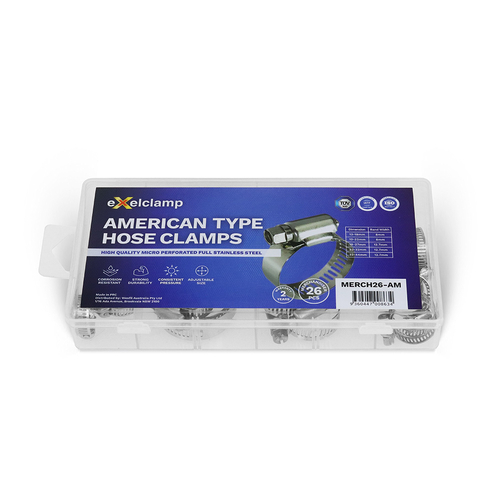 Exelclamp American Type Stainless Steel Hose Clamp Assortment MERCH26-AM 26 Piece