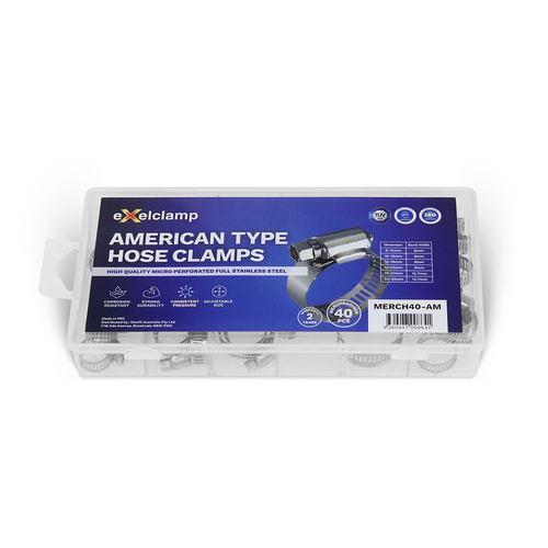 Exelclamp American Type Stainless Steel Hose Clamp Assortment MERCH40-AM 40 Piece
