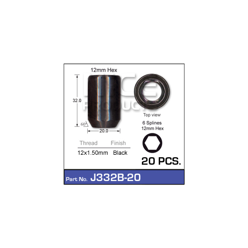 Nice  Black Wheel Lock Nuts + Key (20 Pcs) 12x1.5mm   J332B-20 J332B-20