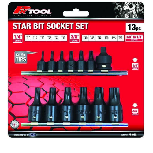 PK Tool Star Bits Socket Set 13 Piece 1/4 and 3/8 Drive PT10301