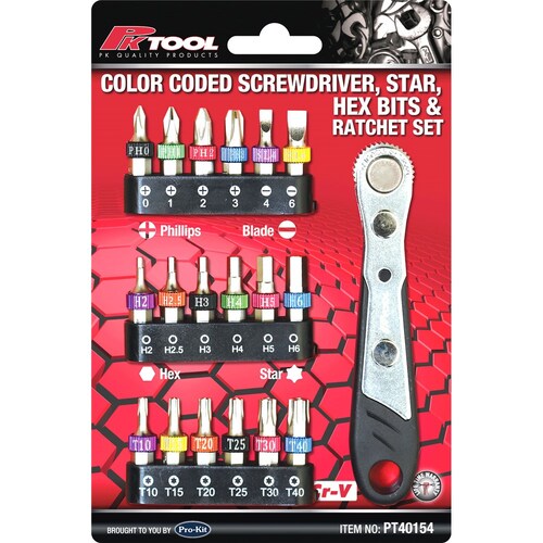 PK Tool 19 Piece 1/4" Drive Screwdriver, Star, Hex Bits & Ratchet Set PT40154