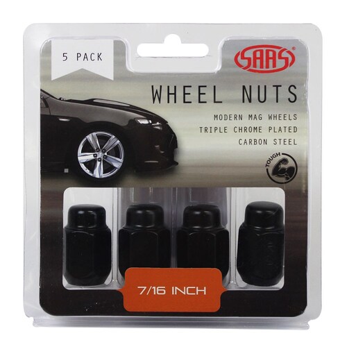 SAAS Set of 5 Wheel Nuts 35mm Length Black 7/16" Threads Acorn Taper Type SKU: 235205BC