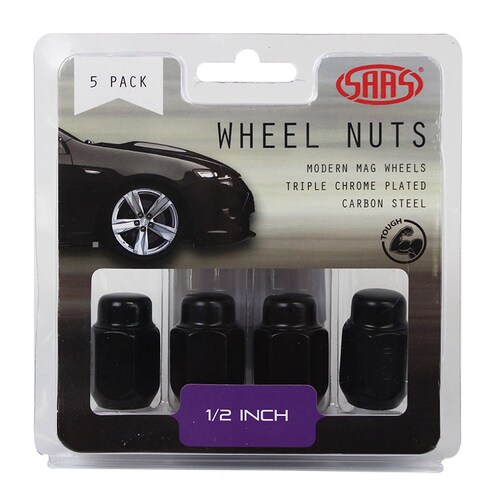 SAAS Set of 5 Wheel Nuts 35mm Length Black 1/2" Threads Acorn Taper Type SKU: 235215BC