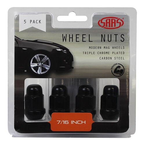 SAAS Set Of 5 Wheel Nuts - 35Mm Length, Black, 7/16" Threads, Acorn Bulge Type 335305BC