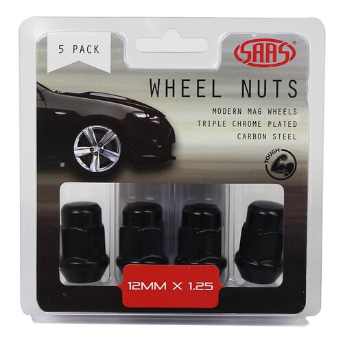 SAAS Set Of 5 Black Wheel Nuts - 35Mm Length, M12X1.25 Threads 335355BC
