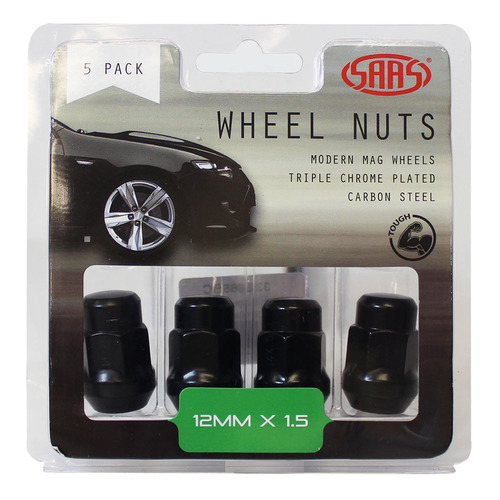 SAAS Wheel Nuts Acorn Bulge 12 X 1.50 Black 35mm 5pk SAAS-335365BC