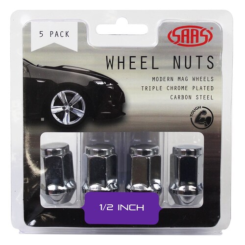 SAAS 435915 Wheel Nuts Flat Head Bulge 1/2" Chr 35Mm 5Pk