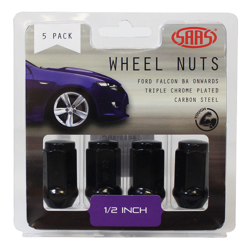 SAAS Wheel Nuts Flat Head Bulg E 1/2" Black 40mm 5pk SAAS-440915BC