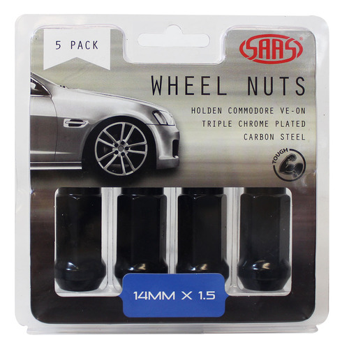 SAAS Wheel Nuts Flat Head Bulg E 14x 1.5 Black 45mm 5pk SAAS-445995BC