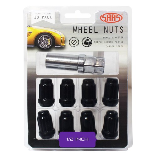 SAAS Set Of 10 Small Diameter Wheel Nuts - Black, 1/2" Threads With 6 Spline Drive 6330110BC