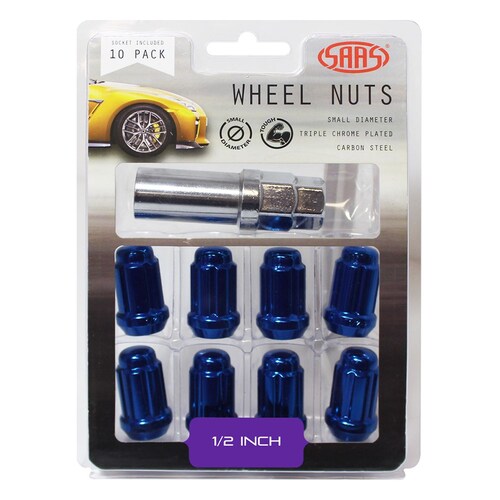 SAAS Set Of 10 Small Diameter Wheel Nuts - Blue, 1/2" Threads With 6 Spline Drive And Key 6330110BL