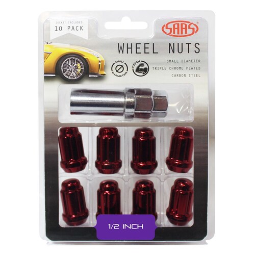 SAAS Set Of 10 Small Diameter Wheel Nuts - Red, 1/2" Threads With 6 Spline Drive And Key 6330110R