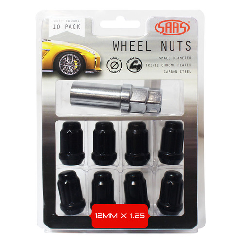SAAS Wheel Nuts S/d 6 Spline 1 2 X 1.25 Inc Key Black 10pk SAAS-6330510BC