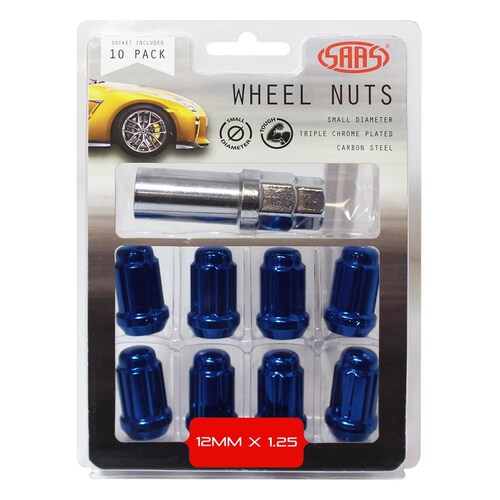 SAAS Set Of 10 Small Diameter Wheel Nuts - Blue, M12X1.25 Threads, 6 Spline Drive 6330510BL