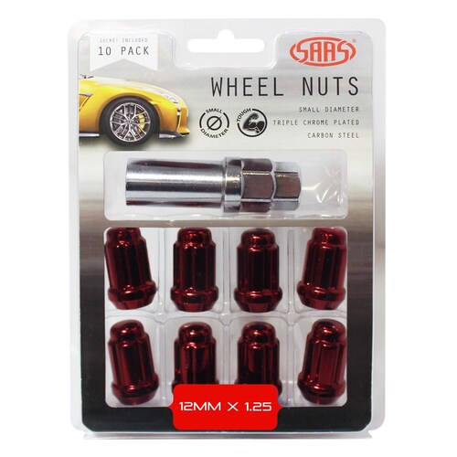 SAAS Set Of 10 Small Diameter Wheel Nuts - Red, M12X1.25 Threads, 6 Spline Drive 6330510R