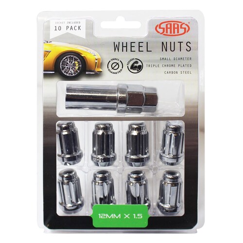 SAAS 6330610 Wheel Nuts S/D 6 Spline 12mm x 1.50 inc Key Chr 10pk