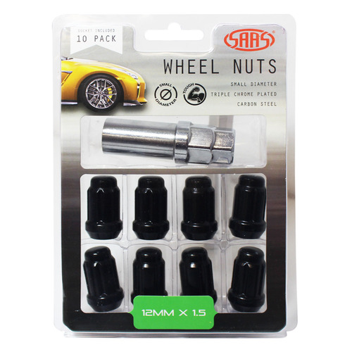 SAAS Wheel Nuts S/d 6 Spline 1 2 X 1.50 Inc Key Black 10pk SAAS-6330610BC