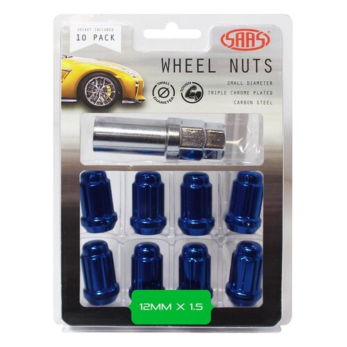 SAAS Set Of 10 Small Diameter Wheel Nuts - Blue, M12X1.50 Threads With 6 Spline Drive And Key 6330610BL