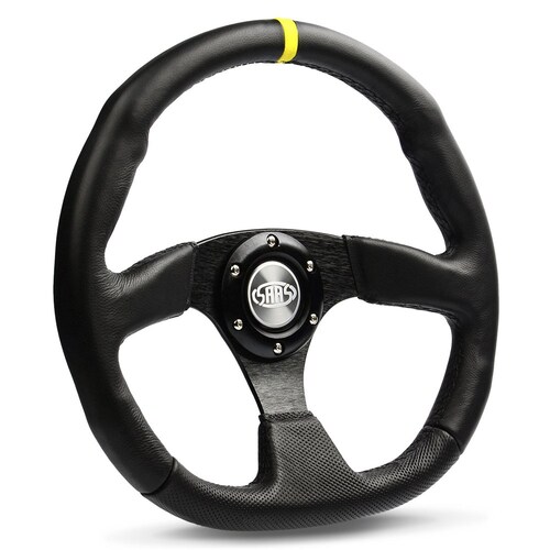 SAAS 14" ADR Compliant Black Leather Covered Steering Wheel With Flat Bottom Three Brushed Black Spokes And Centre Stripe D1-SWB-F2